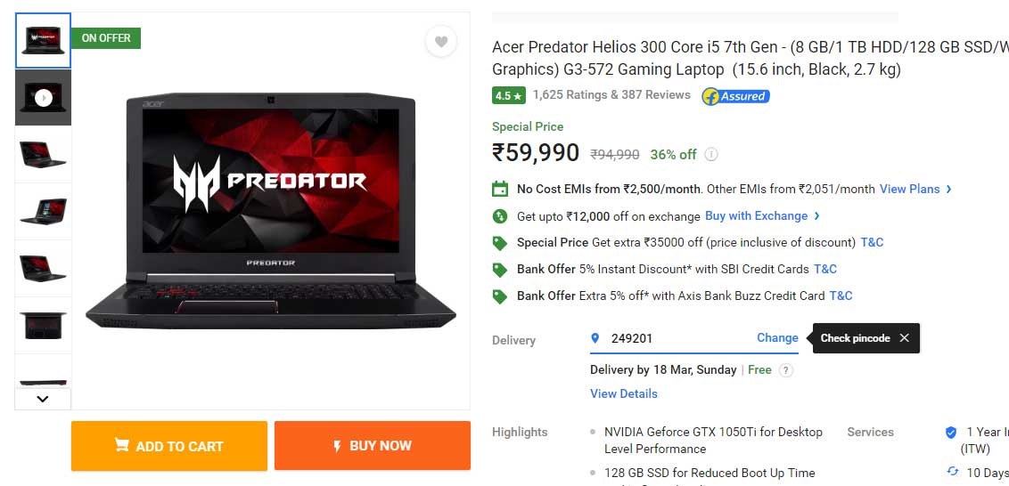 You can buy Acer Predator Helios 300 Core i5 7th Gen with 1050Ti @ 59990. It's key features are 1050Ti graphics card, original Windows 10, 128Gb SSD and a Good Cooling system.